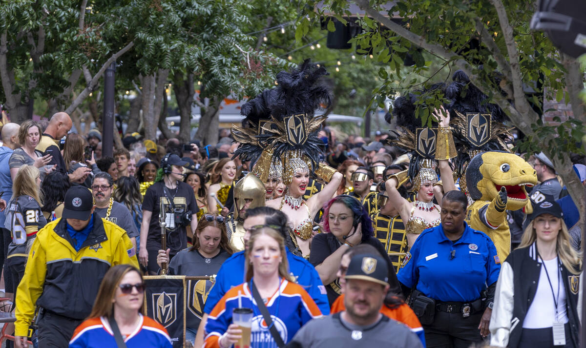 The Golden Knights pregame parade moves along outside before Game 2 of an NHL hockey Stanley Cu ...