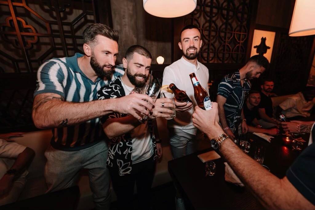 Members of the Wrexham soccer team are shown at Hakkasan Nightclub, celebrating their promotion ...