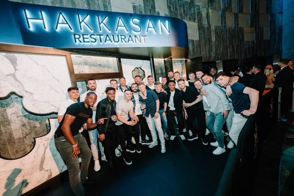 Members of the Wrexham soccer team are shown at Hakkasan Nightclub, celebrating their promotion ...