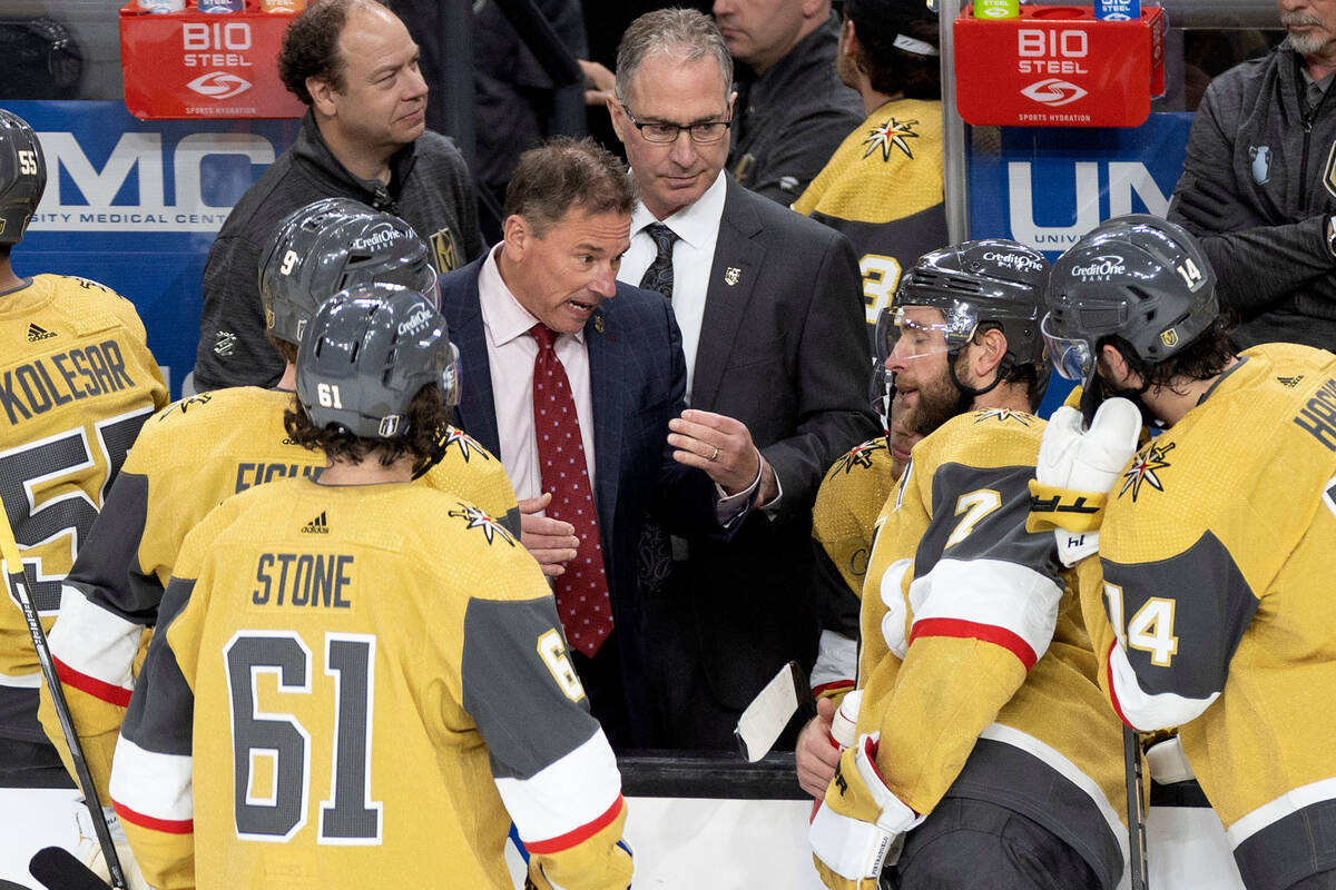 Golden Knights head coach Bruce Cassidy speaks to his team during the third period in Game 5 of ...