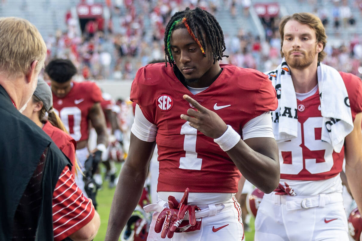 Alabama defensive back Kool-Aid McKinstry (1) walks off the fields after a win over Louisiana-M ...