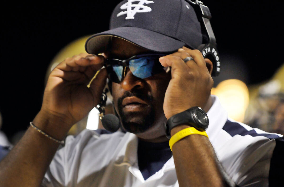 Spring Valley High School head football coach Marcus Teal, keeps an eye on the game against Des ...