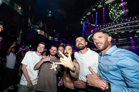 Members of the Wrexham soccer team are shown with superstar DJ Steve Aoki at Omnia Nightclub at ...