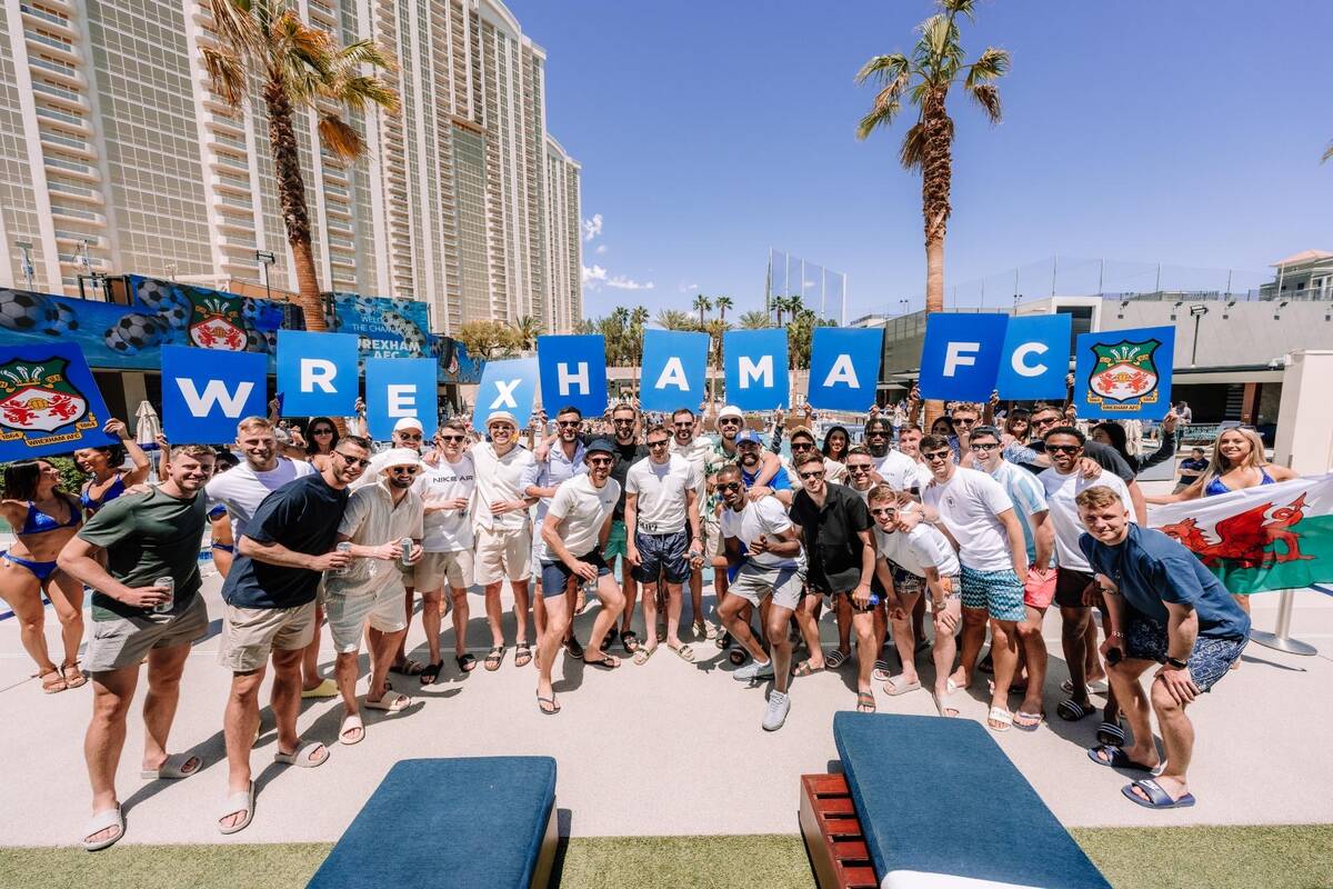 Members of the Wrexham soccer team are shown at Wet Republic at MGM Grand, celebrating their pr ...