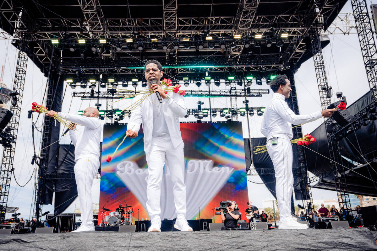 Boyz II Men are shown at the Lovers & Friends music festival at the Las Vegas Festival Grounds ...