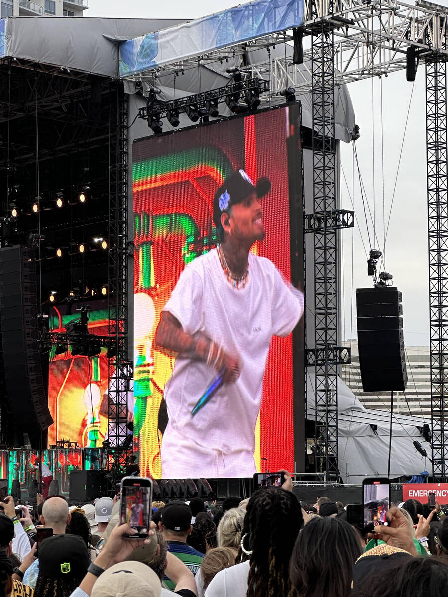 Chris Brown performs at the Lovers & Friends music festival at Las Vegas Festival Grounds on Sa ...