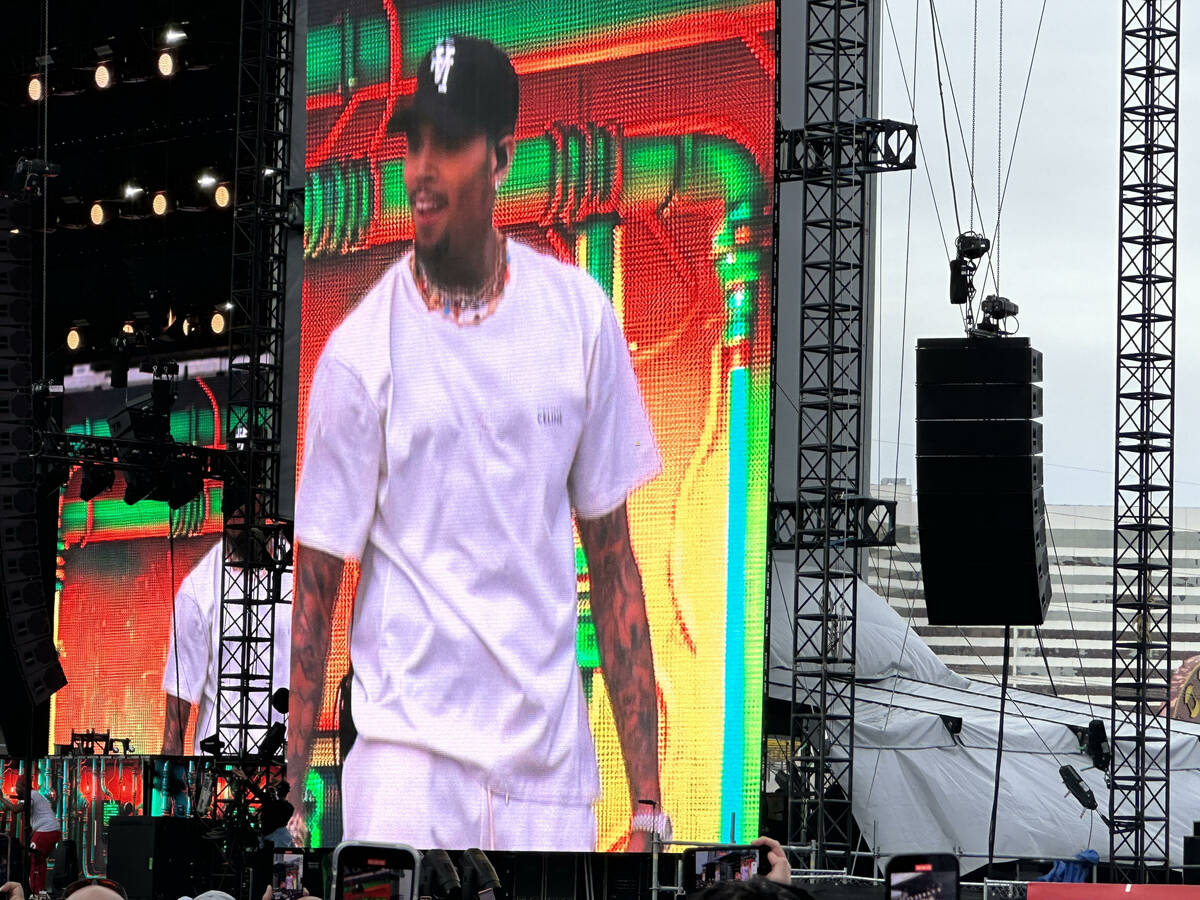 Chris Brown performs at the Lovers & Friends music festival at Las Vegas Festival Grounds on Sa ...