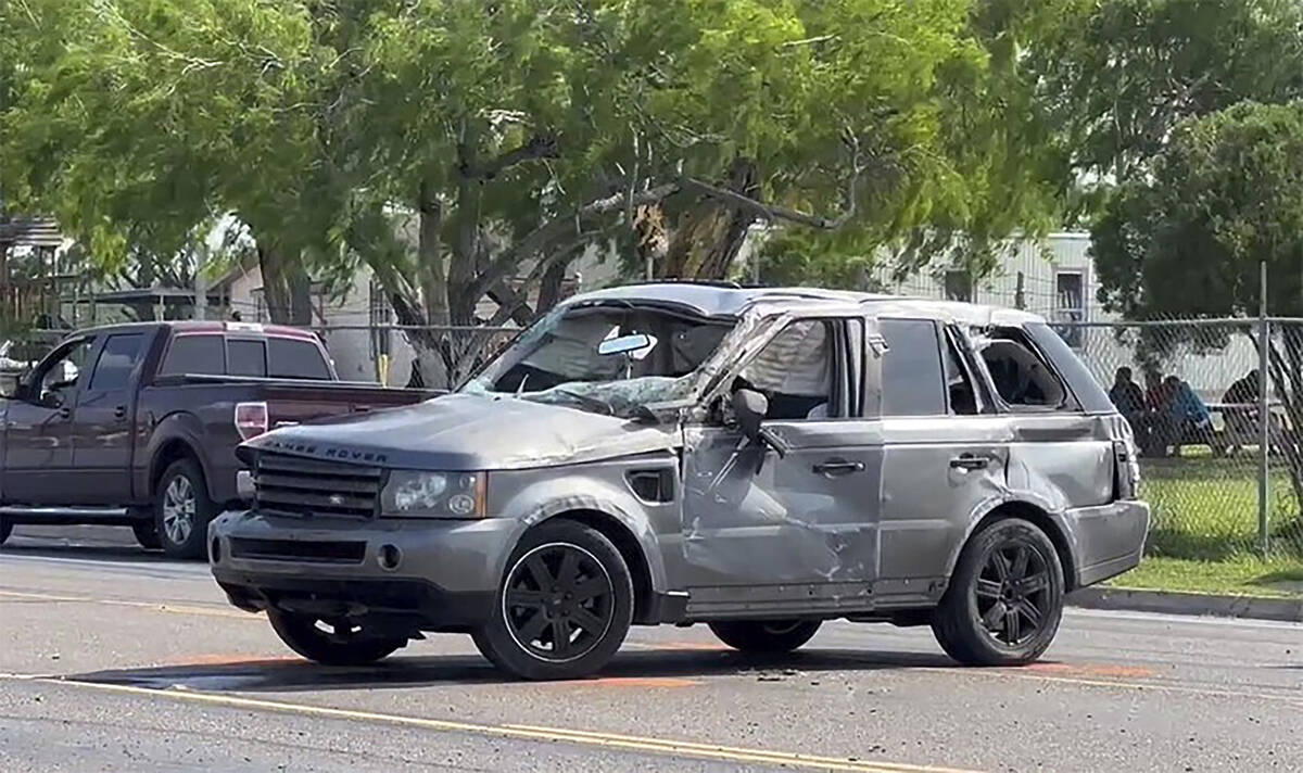 A damaged vehicle sits at the site of a deadly collision near a bus stop in Brownsville, Texas, ...