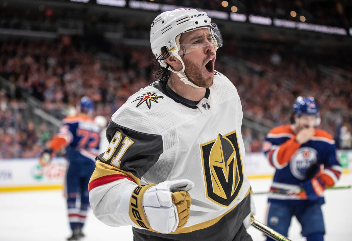 Vegas Golden Knights' Jonathan Marchessault (81) celebrates after his goal against the Edmonton ...