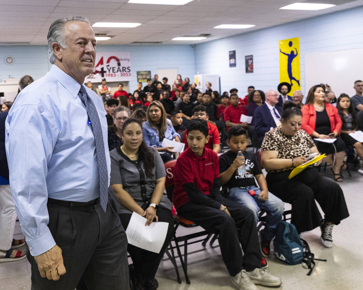 Gov. Joe Lombardo arrives at Mountain View Christian School to host a roundtable discussion wit ...