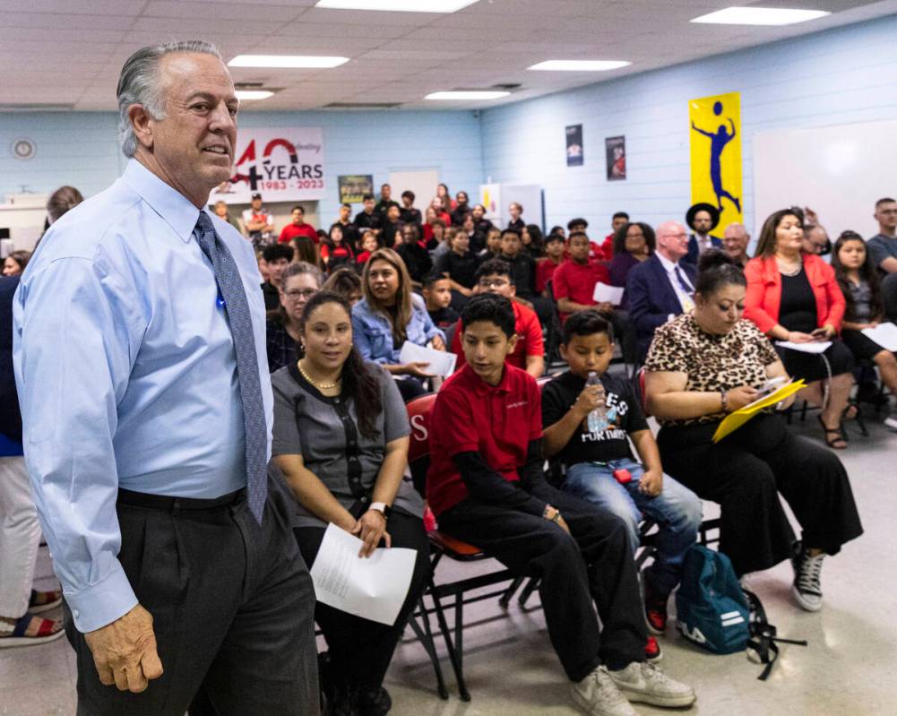 Gov. Joe Lombardo arrives at Mountain View Christian School to host a roundtable discussion wit ...