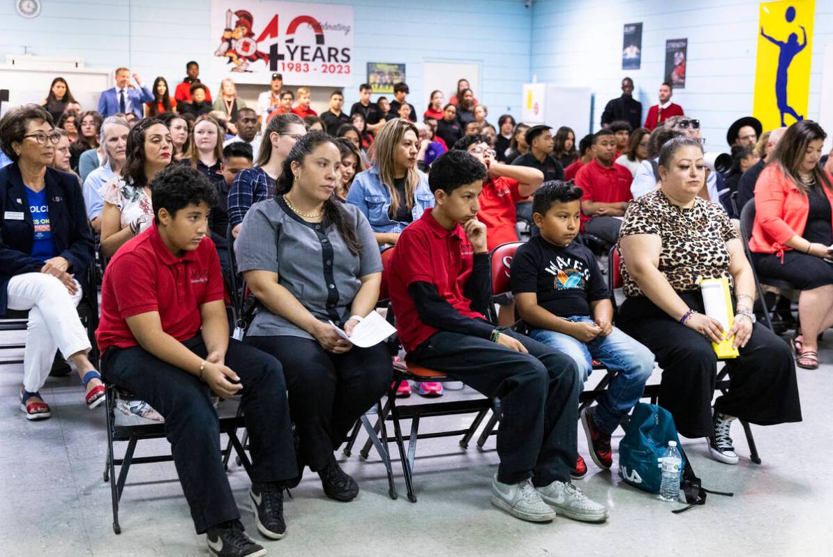 Students at Mountain View Christian School and their parents listen as Gov. Joe Lombardo speaks ...