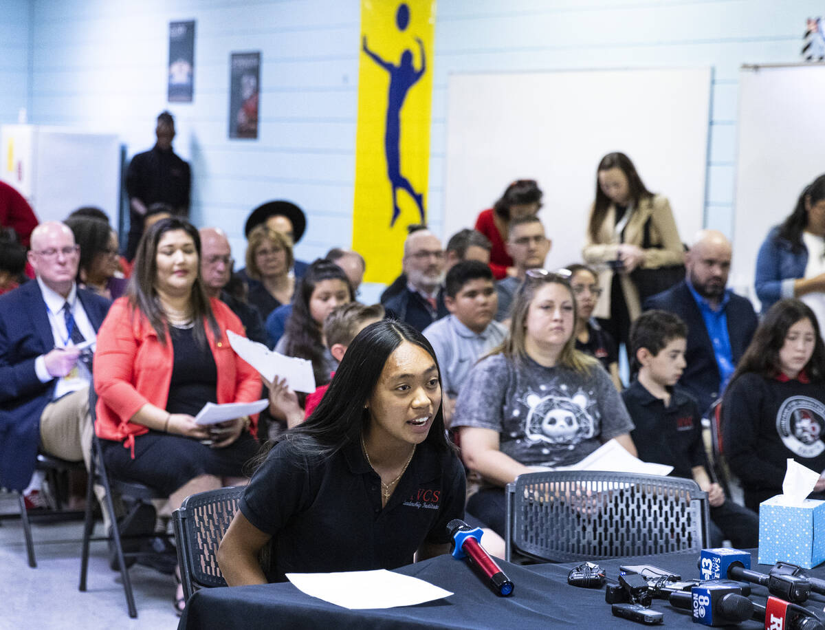 Kristyn Ramos, a senior at Mountain View Christian School, delivers her testimony during a roun ...