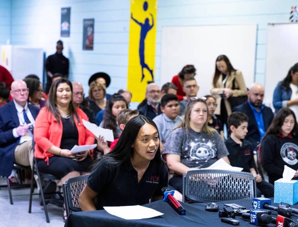 Kristyn Ramos, a senior at Mountain View Christian School, delivers her testimony during a roun ...