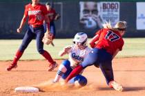 Green Valley High's Aspyn Beattie (7) tagged out at second by Liberty High's Jesse Farrell (17 ...