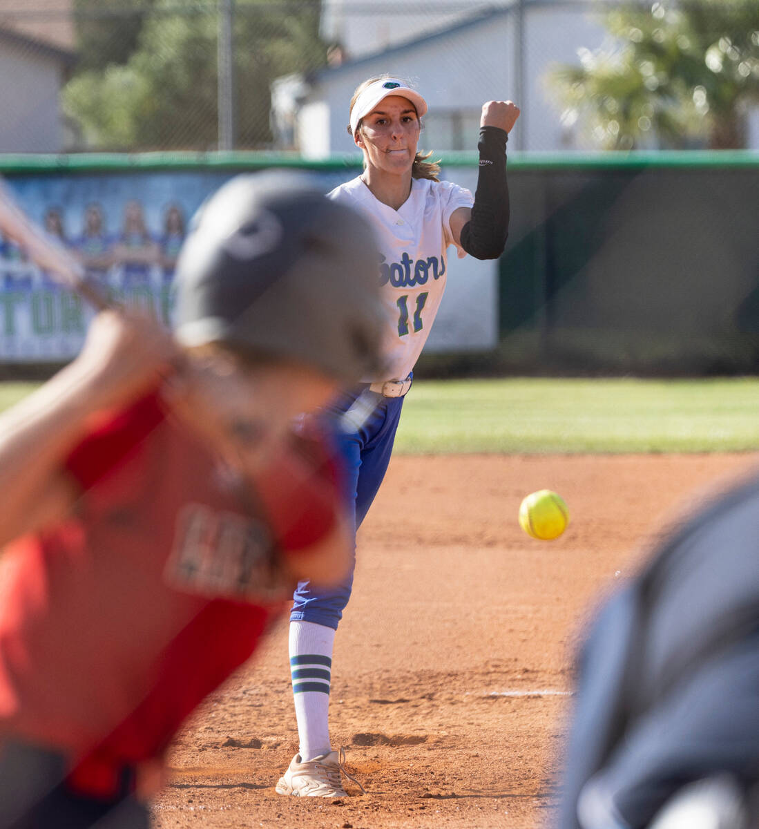 Green Valley High's pitcher Avari Morris (11) delivers against Liberty High during the NIAA 5A ...