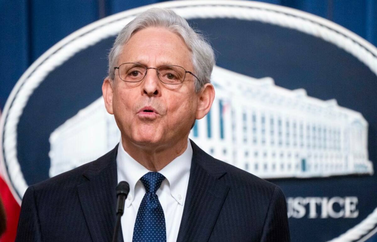 Attorney General Merrick Garland speaks during a press conference at the Department of Justice ...