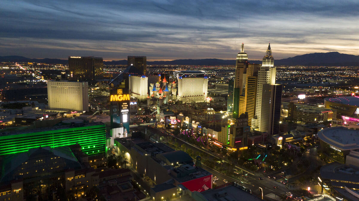 Aerial view of the south Las Vegas Strip at sunset on Wednesday, January 12, 2022. (Michael Qui ...