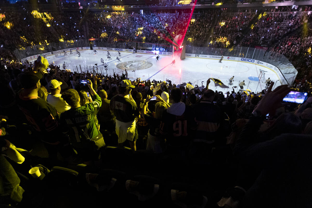 The Golden Knights take the ice during the first period in Game 5 of an NHL hockey Stanley Cup ...