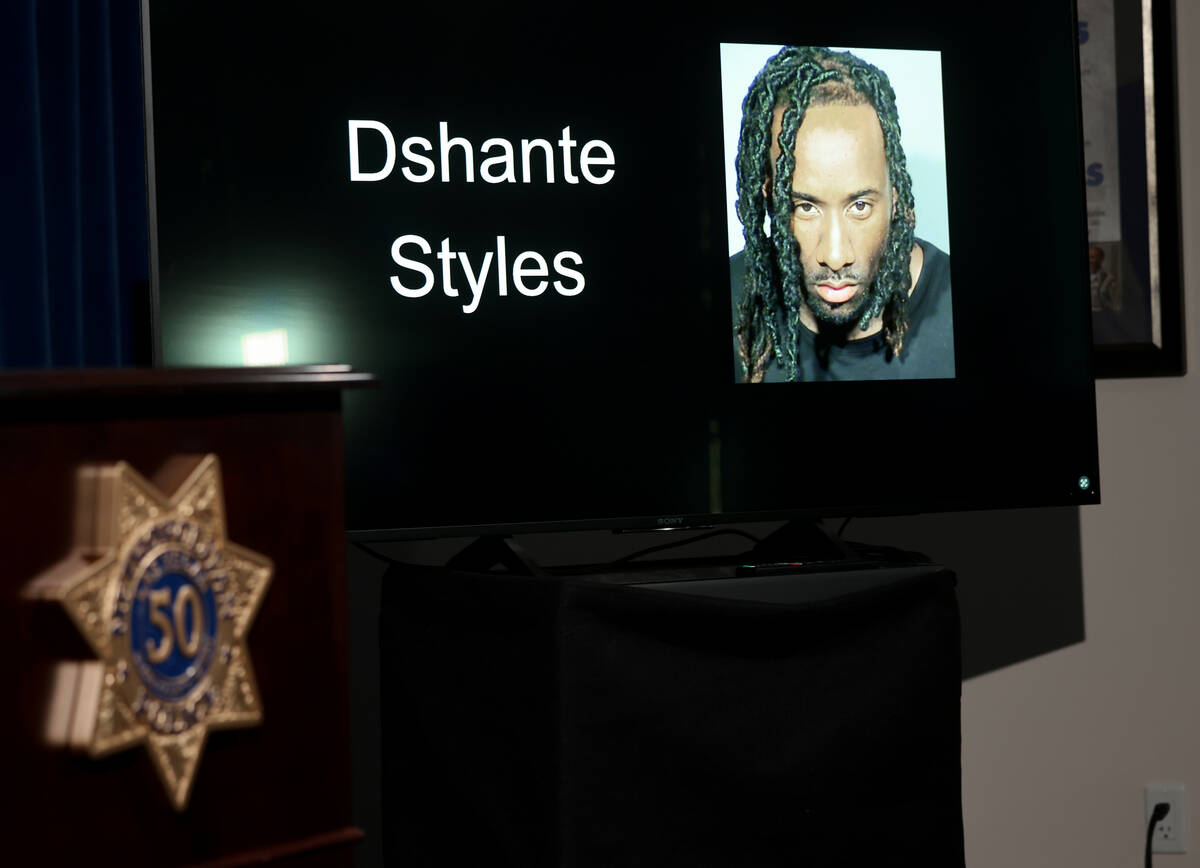 Las Vegas police show a mug shot of Dshante Styles during a news media conference at Metropolit ...