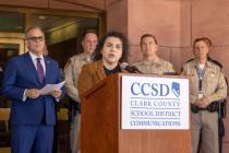 Clark County School District Board of School Trustees President Evelyn Garcia Morales speaks at ...