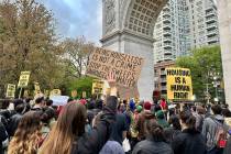 FILE - A group of several hundred people protest the death of Jordan Neely, Friday, May 5, 2023 ...