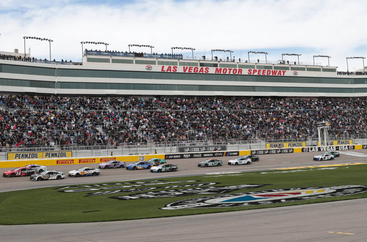 Drivers compete during the Pennzoil 400 NASCAR Cup Series race at Las Vegas Motor Speedway in M ...