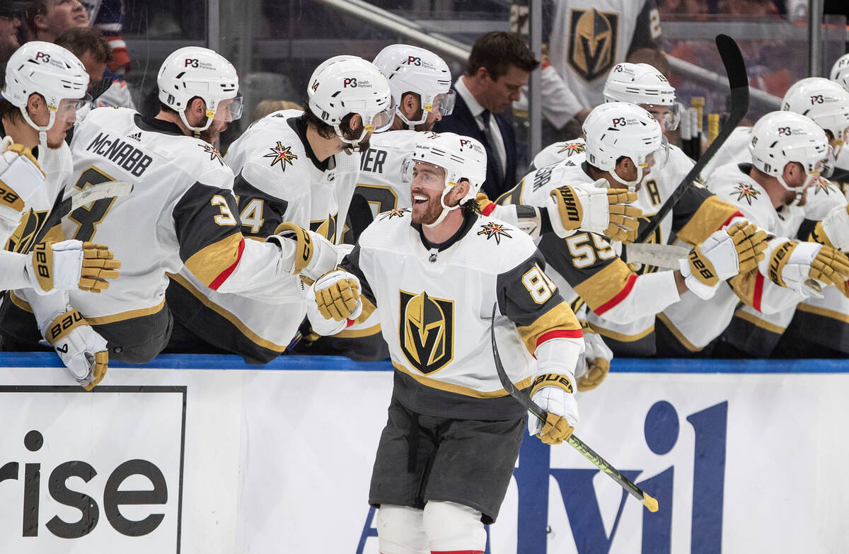 Vegas Golden Knights' Jonathan Marchessault (81) celebrates his goal against the Edmonton Oiler ...