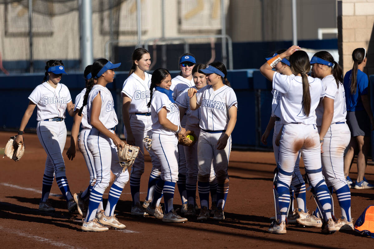 Bishop Gorman celebrates after winning a high school softball game against Tech at Bishop Gorma ...