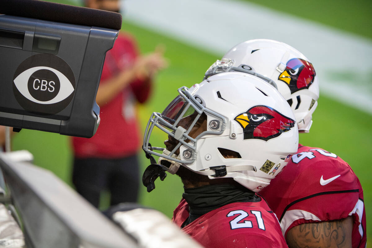 Arizona Cardinals cornerback Patrick Peterson (21) celebrates in front of the CBS camera during ...