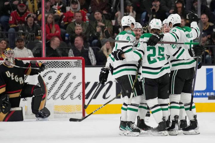 Dallas Stars celebrate after left wing Joel Kiviranta (25) scored against the Vegas Golden Knig ...