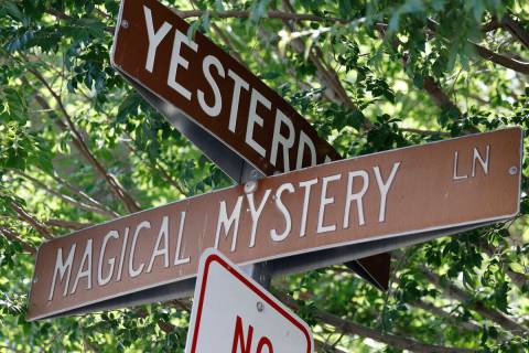 Street signs for Yesterday Drive and Magical Mystery Lane are seen, Wednesday, May 24, 2023, in ...