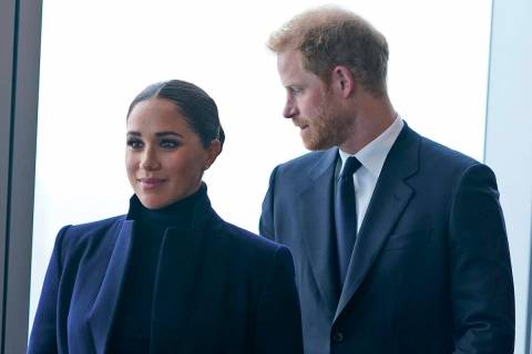 FILE - Meghan Markle, and her husband Prince Harry arrive to the observatory in One World Trade ...