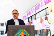 Clark County Commission Chairman Jim Gibson speaks at a press conference at the Las Vegas Conve ...