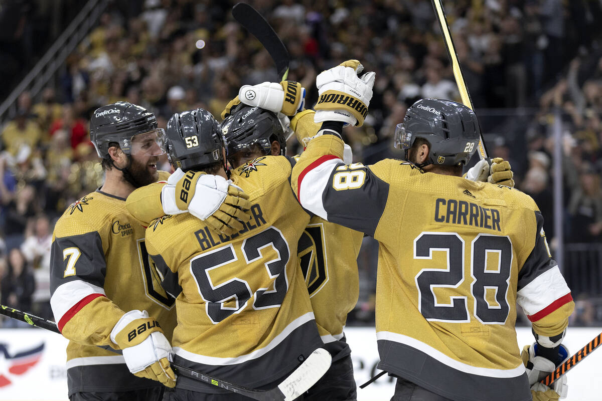 From left, Golden Knights defenseman Alex Pietrangelo, center Teddy Blueger, right wing Keegan ...