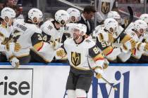 Vegas Golden Knights' Jonathan Marchessault (81) celebrates his goal against the Edmonton Oiler ...