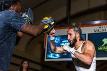 Boxer Nico Ali Walsh hits the pads during the open undercard fighter workouts at the MGM Grand ...