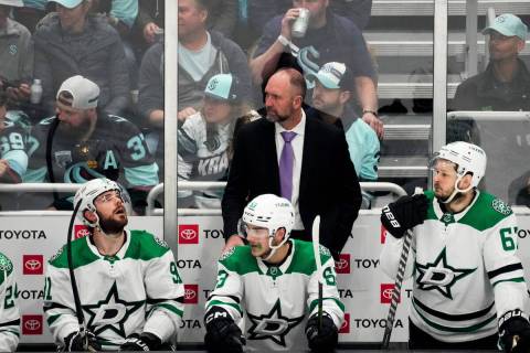 Dallas Stars head coach Peter DeBoer looks on during the third period of Game 3 of an NHL hocke ...