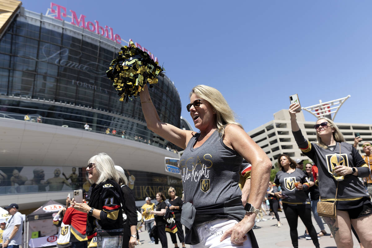 Las Vegan Wanda Truesdill cheers for the Golden Knights before Game 2 of the NHL hockey Stanley ...