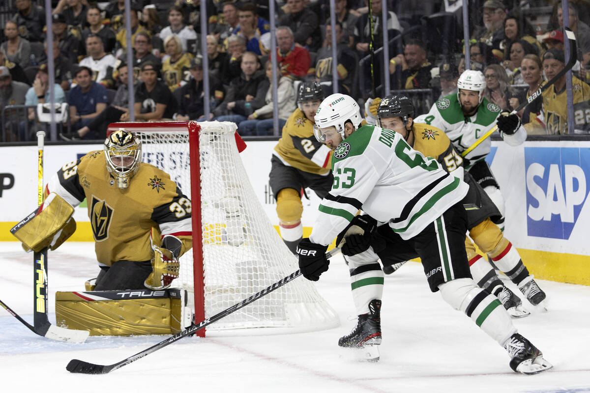 Dallas Stars right wing Evgenii Dadonov (63) prepares to shoot against Golden Knights goaltende ...