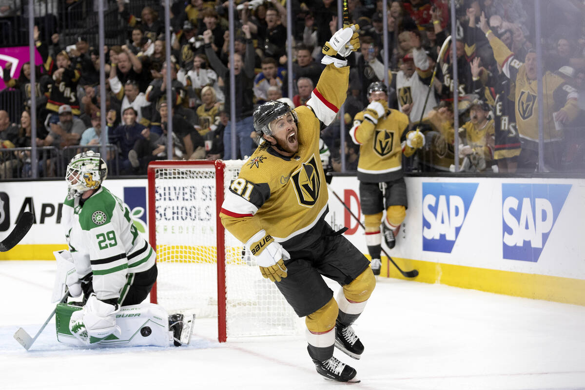 Golden Knights right wing Jonathan Marchessault (81) cheers after scoring on Dallas Stars goalt ...