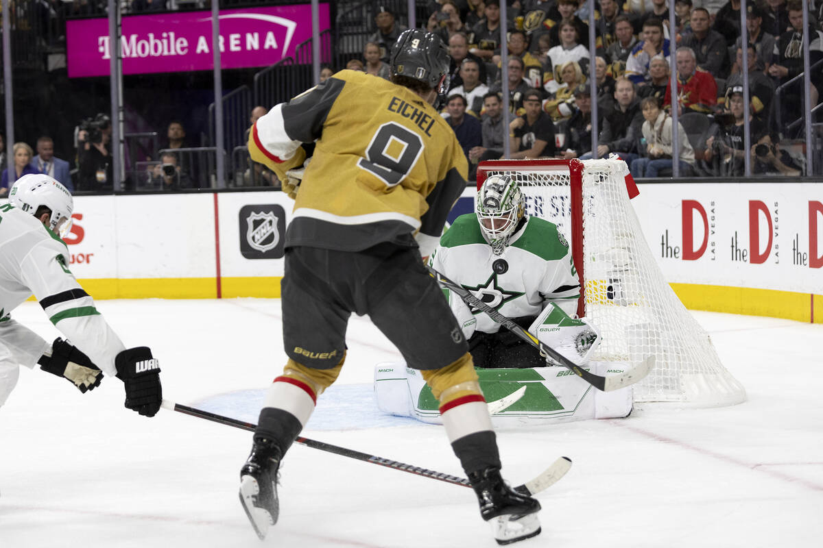 Golden Knights center Jack Eichel (9) attempts to score on Dallas Stars goaltender Jake Oetting ...