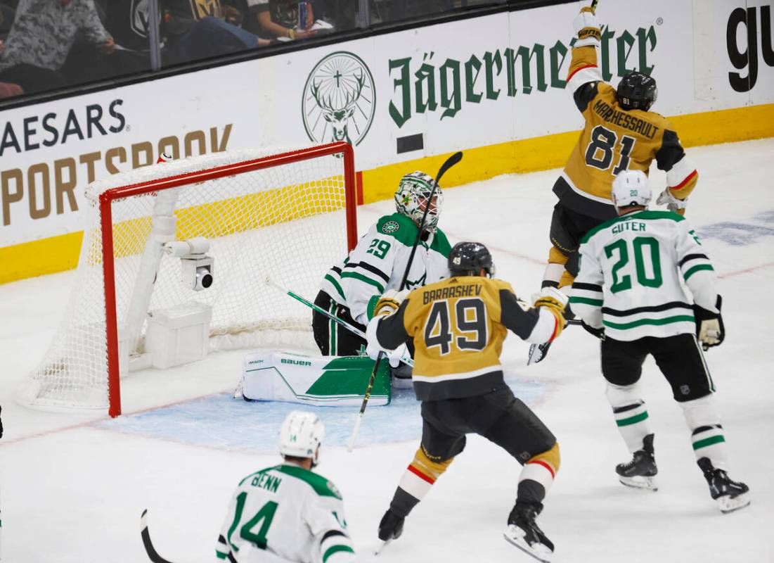 Golden Knights right wing Jonathan Marchessault (81) celebrates after scoring against Dallas St ...