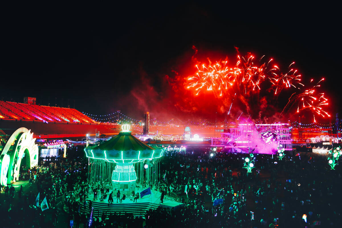 Fireworks go off during the first day of Electric Daisy Carnival at Las Vegas Motor Speedway on ...