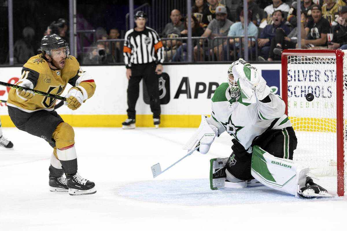 Golden Knights right wing Jonathan Marchessault (81) scores on Dallas Stars goaltender Jake Oet ...