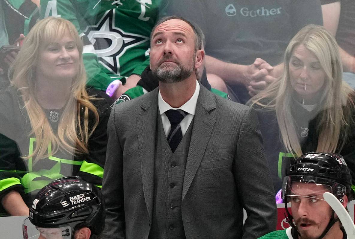 Dallas Stars coach Pete DeBoer looks up at the scoreboard during the first period in Game 3 of ...