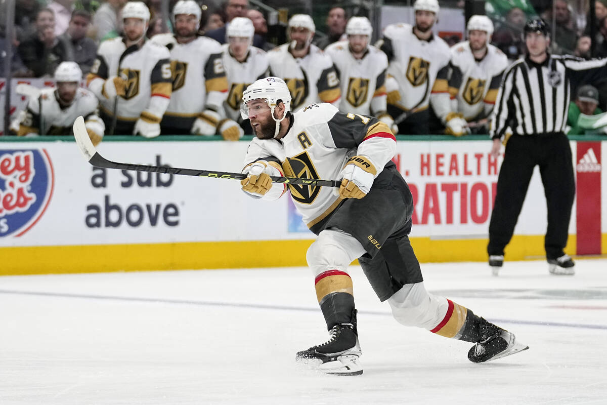 Vegas Golden Knights defenseman Alex Pietrangelo (7) watches his goal during the second period ...