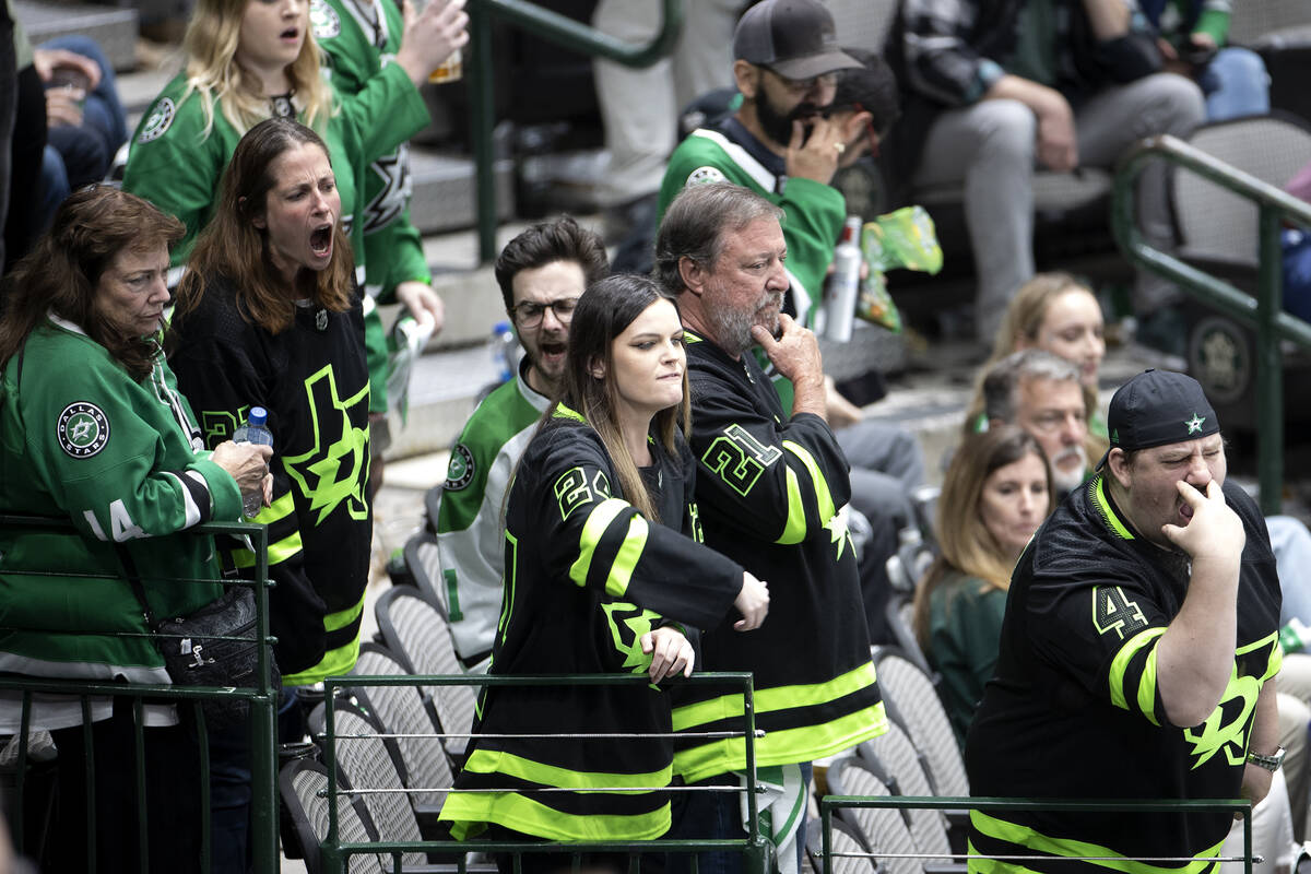 Dallas Stars fans yell at the referees after the second period in Game 3 of the NHL hockey Stan ...