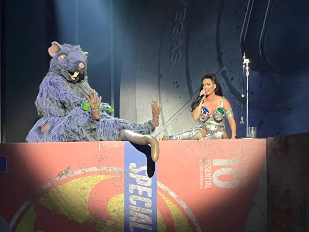 Katy Perry is shown with "Ratso," who is a giant rat, as she performs her "Play" production at ...