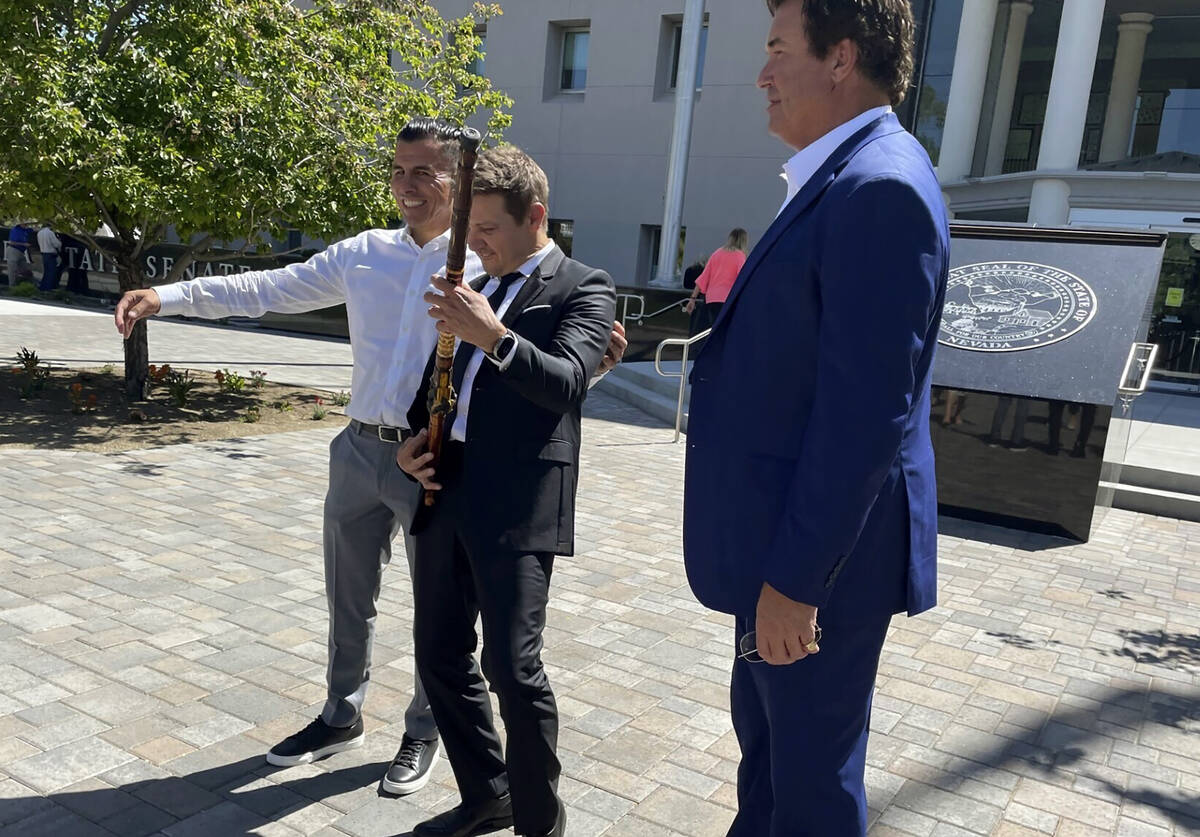 Actor Jeremy Renner stands outside the Nevada Legislature in Carson City, Nev., on Monday, May ...